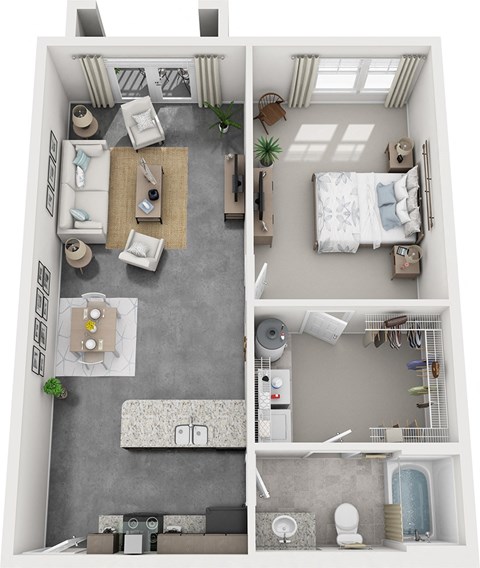 Floor plan for 1 bed, 1 bath, 845 sqft